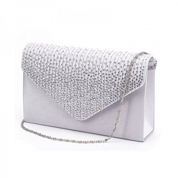 WOMEN RHINESTONE FROSTED EVENING CLUTCH BAG CLASSIC PLEATED ENVELOPE CLUTCH HANDBAG - SILVER