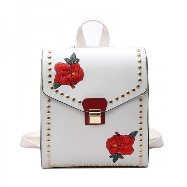 FASHION EMBROIDERED LEATHER BACKPACK SHOULDER BAG FOR WOMEN - L028-ROSEWHITE