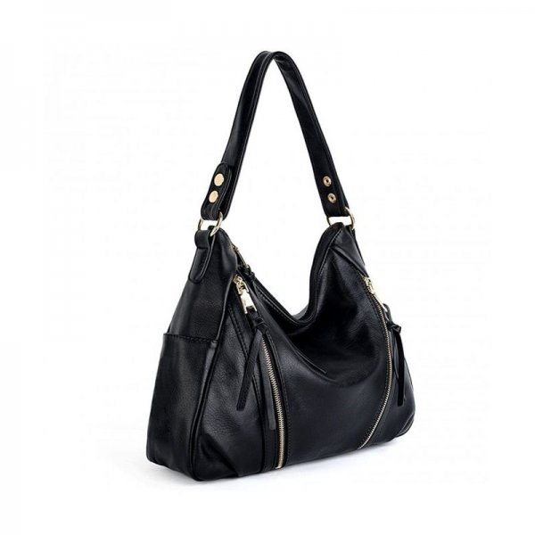 WOMEN HANDBAG PU LEATHER PURSE DOUBLE ZIPPER HOBO STYLE 3 WAYS SHOULDER BAG - BLACK